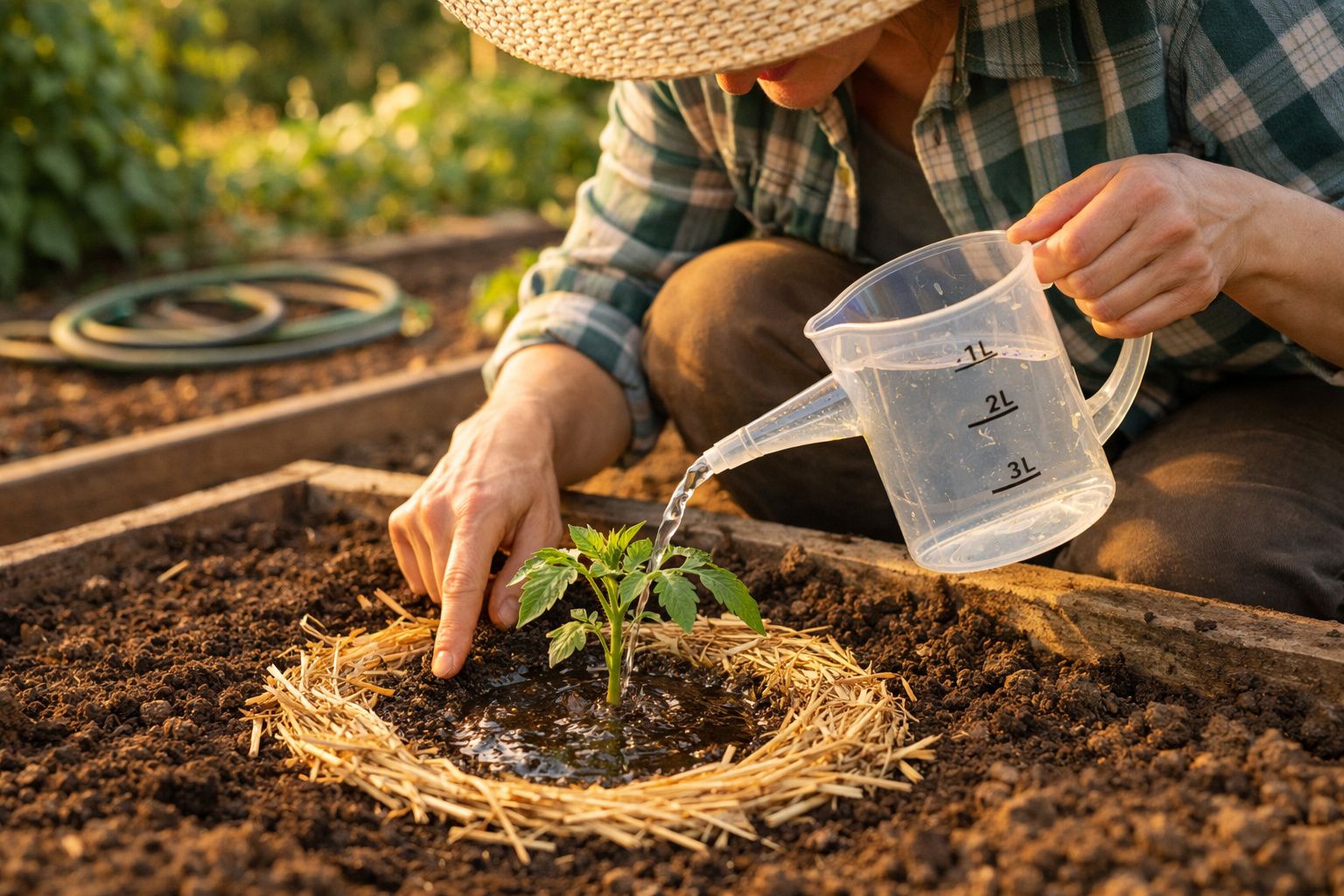Pessoa a regar planta jovem num canteiro de jardim com regador de plástico transparente.