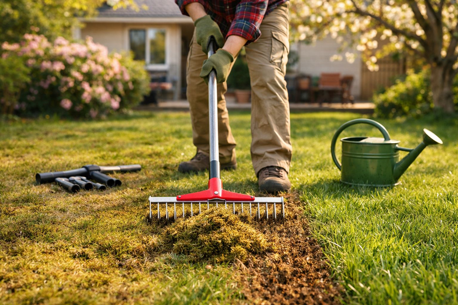 Pessoa a usar ancinho para arejar o relvado num jardim soalheiro com regador verde ao lado.