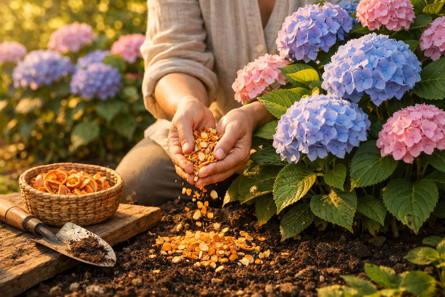 Pessoa a fertilizar terra junto a hortênsias rosas e lilases com pedacinhos de cascas secas.