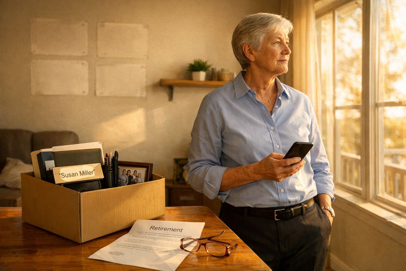 Mulher idosa segura telemóvel e olha pela janela com caixa de pertences e documento de reforma numa mesa.