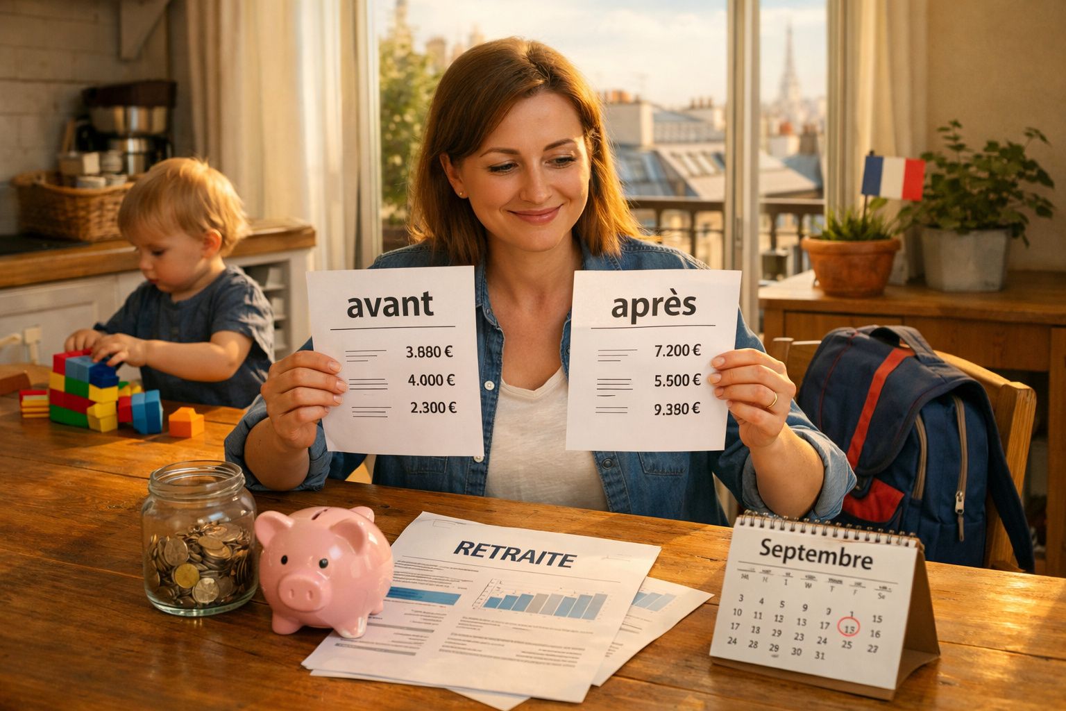 Mulher sentada à mesa com criança, mostrando papéis com valores antes e depois, jarro com moedas e mealheiro porquinho.