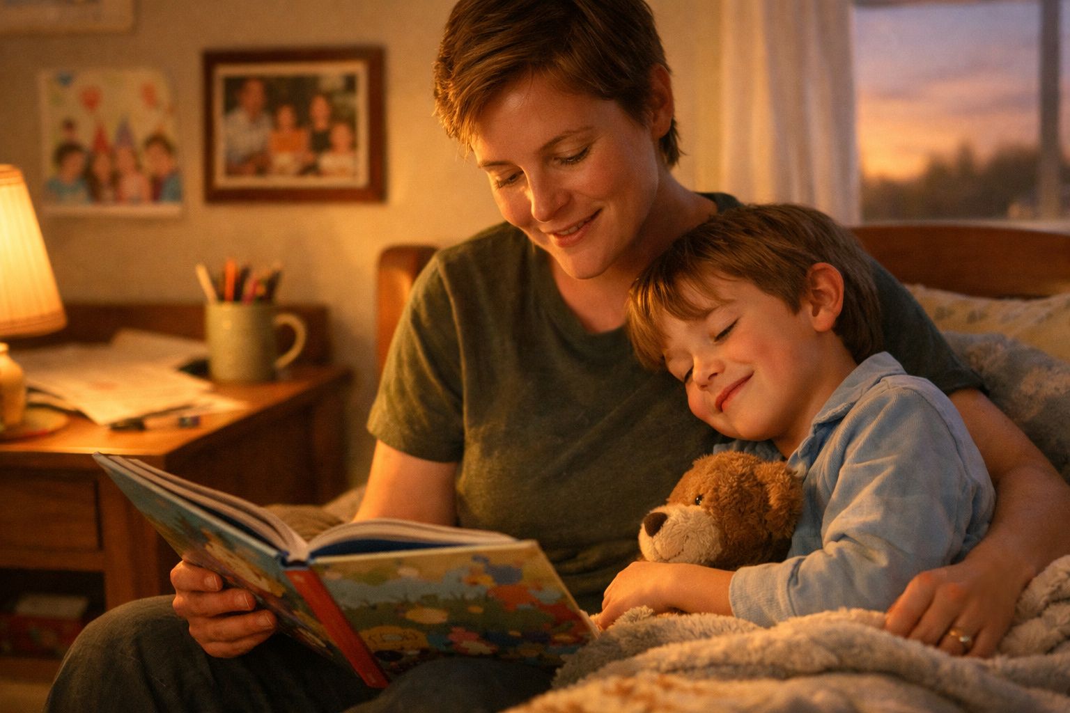 Mãe e filho abraçados a ler um livro numa cama, com um urso de peluche e luz suave ao pôr do sol.