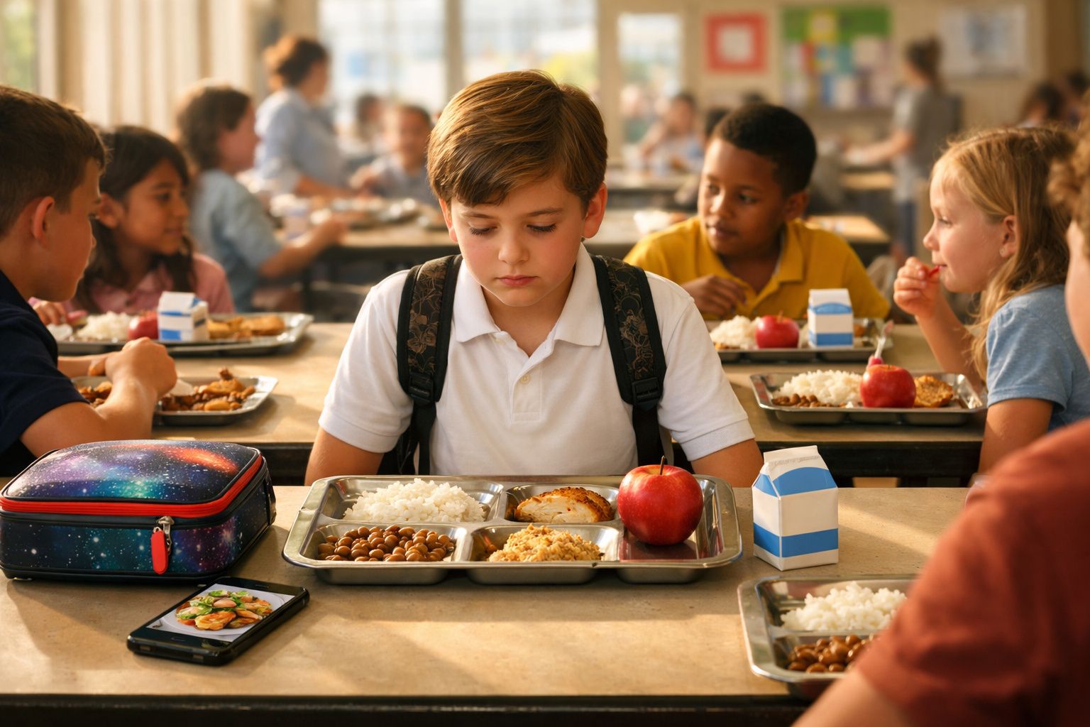 Criança sentada numa cantina escolar com uma bandeja de comida à sua frente, rodeada de outros alunos.