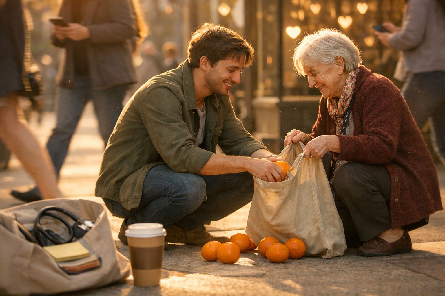 Homem jovem ajuda senhora idosa a guardar tangerinas numa sacola num espaço público ao entardecer.