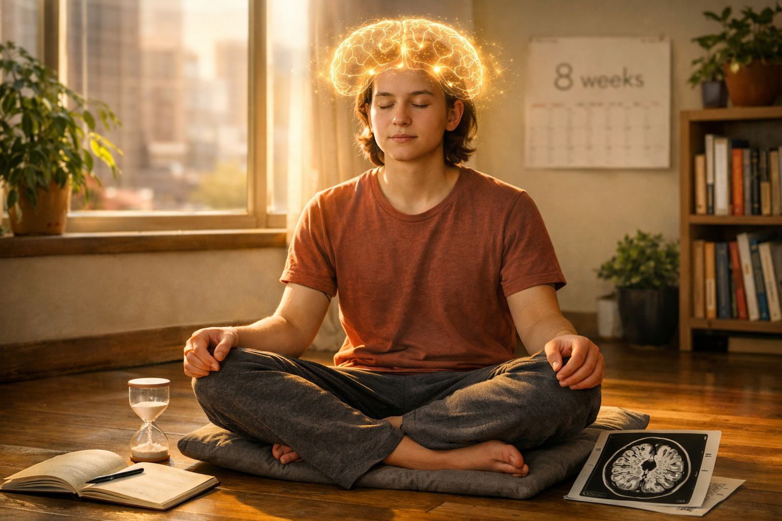 Jovem sentado em posição de meditação com ilustração luminosa de cérebro, ambiente calmo e luz natural.