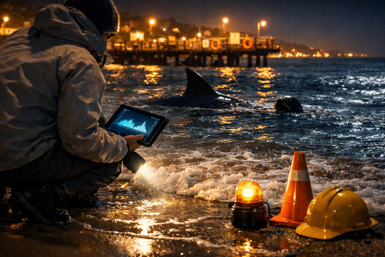Pessoa com tablet e lanterna junto à água à noite, com tubarão perto de um cais iluminado.