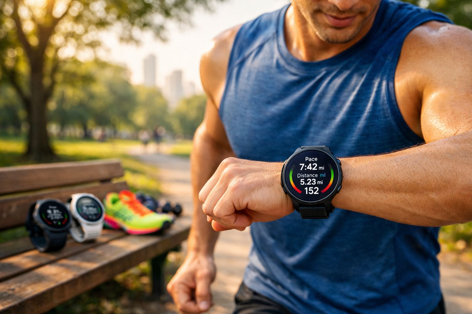 Homem com roupa desportiva a verificar relógio desportivo enquanto corre num parque ensolarado.