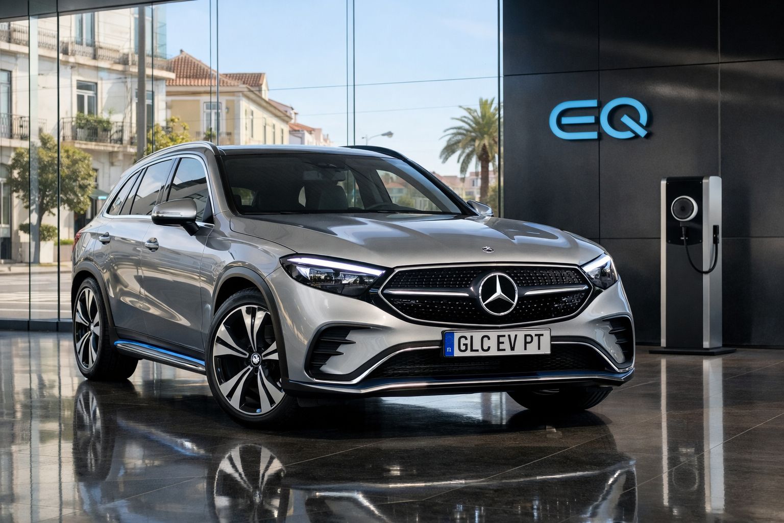 Mercedes-Benz EQ elétrico cinza estacionado junto a uma estação de carregamento num showroom moderno.