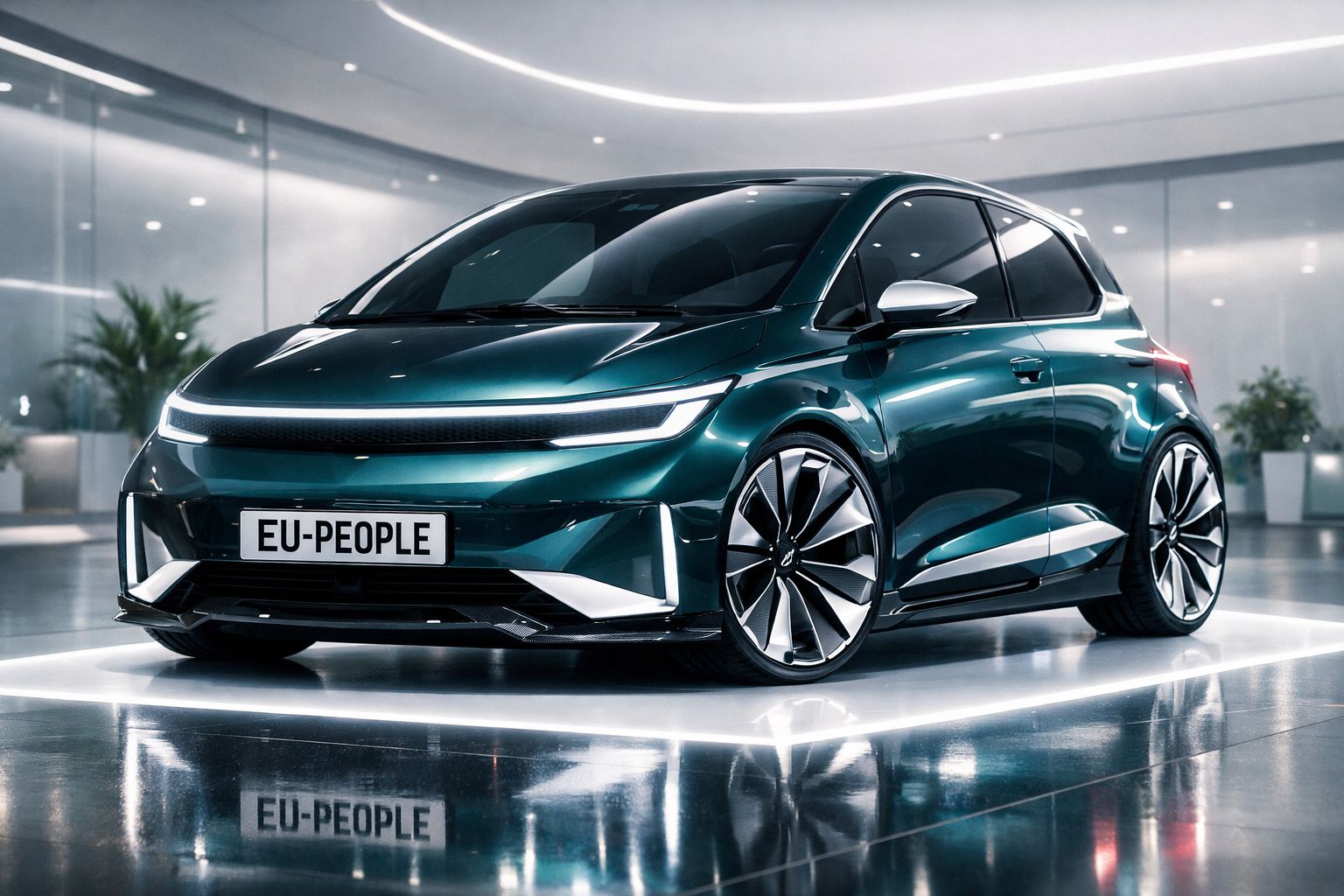 Carro elétrico moderno verde metálico apresentado em exposição com luzes LED e design futurista.