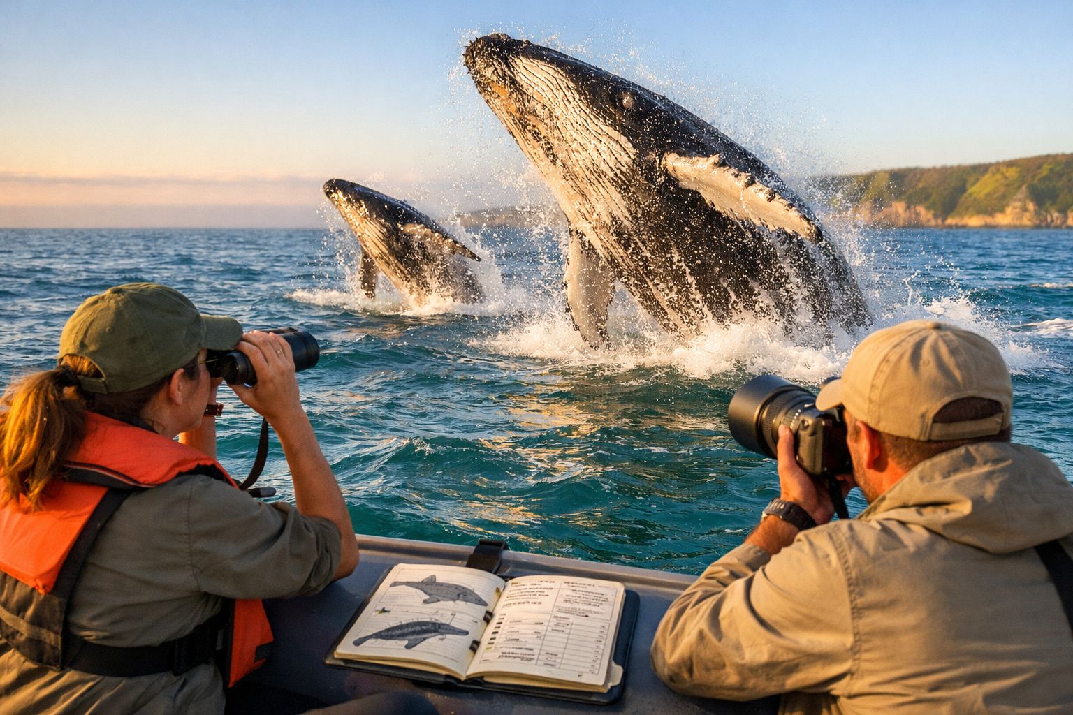Duas pessoas num barco observam e fotografam baleias a saltar fora de água ao pôr do sol.