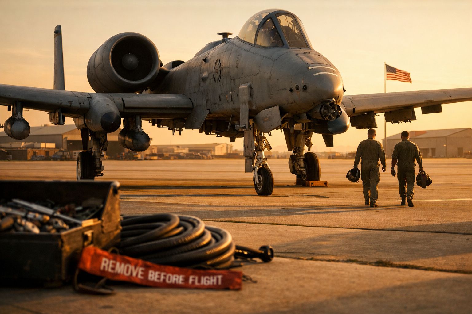 Caça A-10 Thunderbolt II no aeroporto ao pôr do sol com dois pilotos a caminhar de volta para a base.