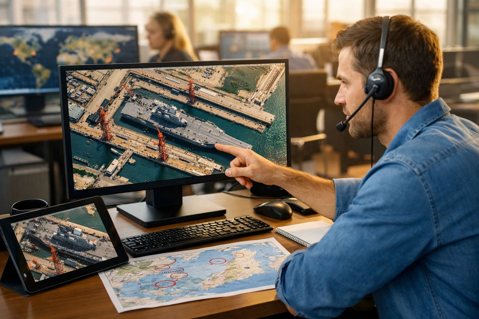 Homem com headset aponta para imagem de navio militar em ecrã de computador numa sala de controlo.