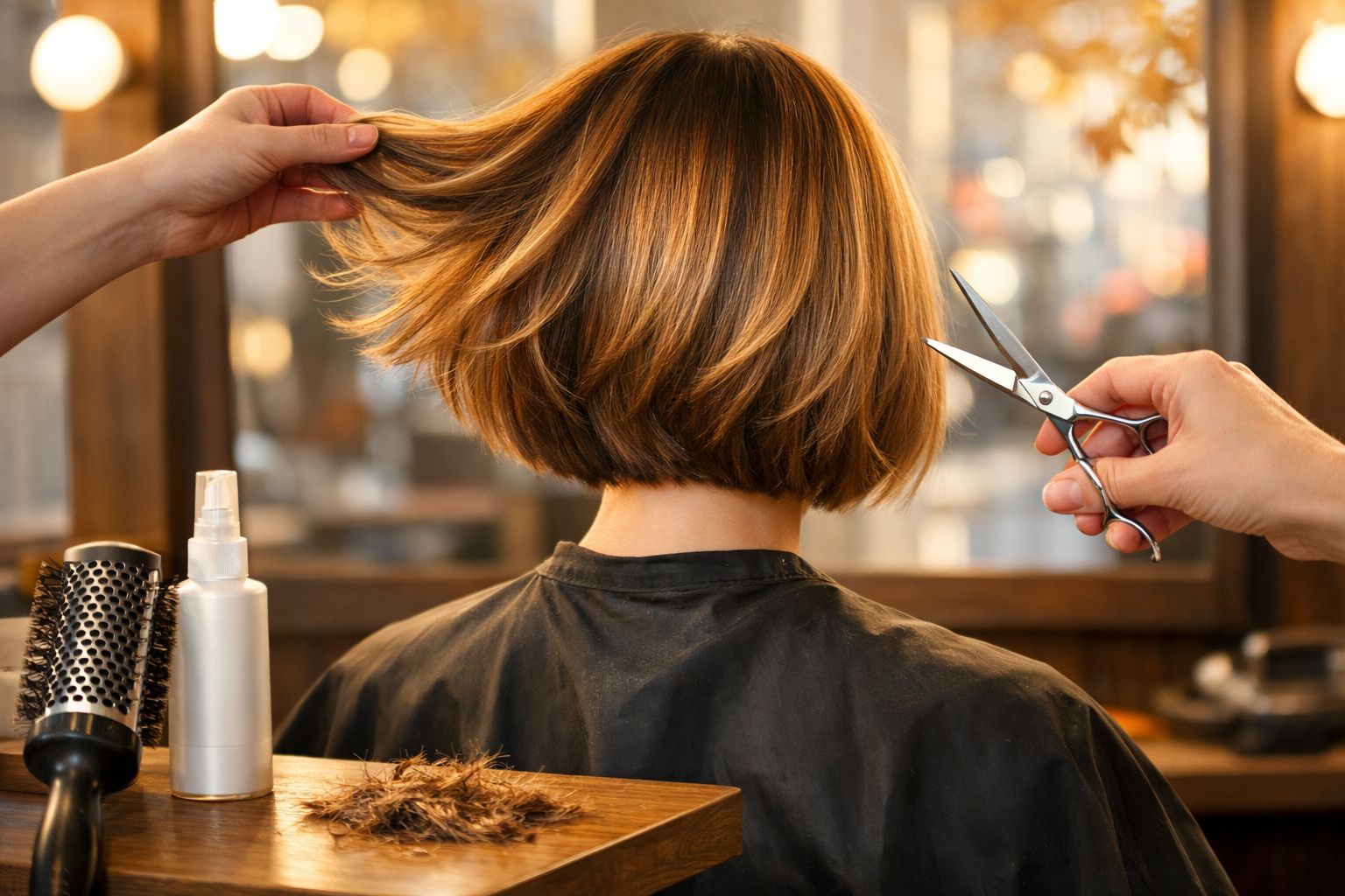 Pessoa a cortar o cabelo curto castanho num salão com tesoura e produtos de cabelo à frente