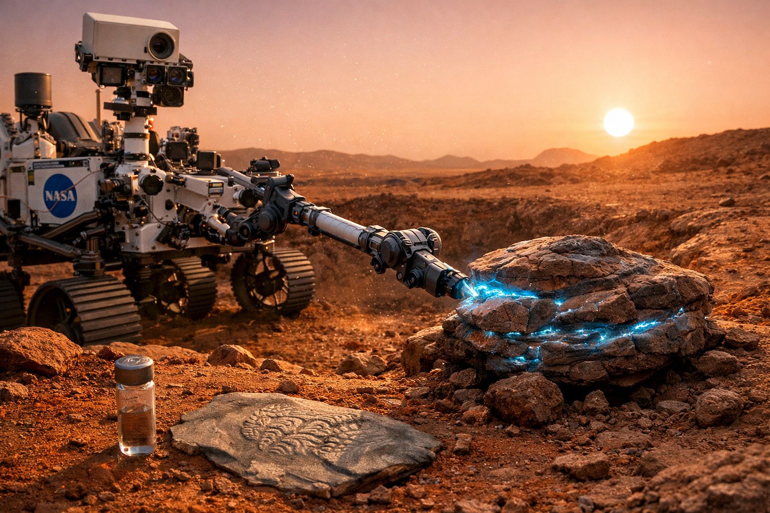 Rover da NASA analisa uma rocha no solo árido de Marte durante o pôr do sol.