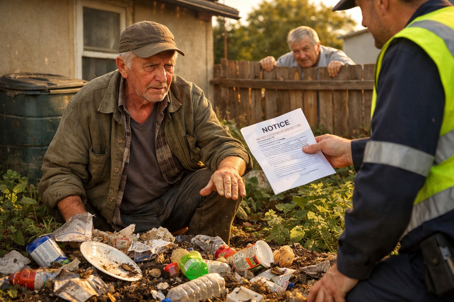 Homem idoso sentado junto a lixo no chão enquanto trabalhador lhe entrega um aviso escrito numa folha.