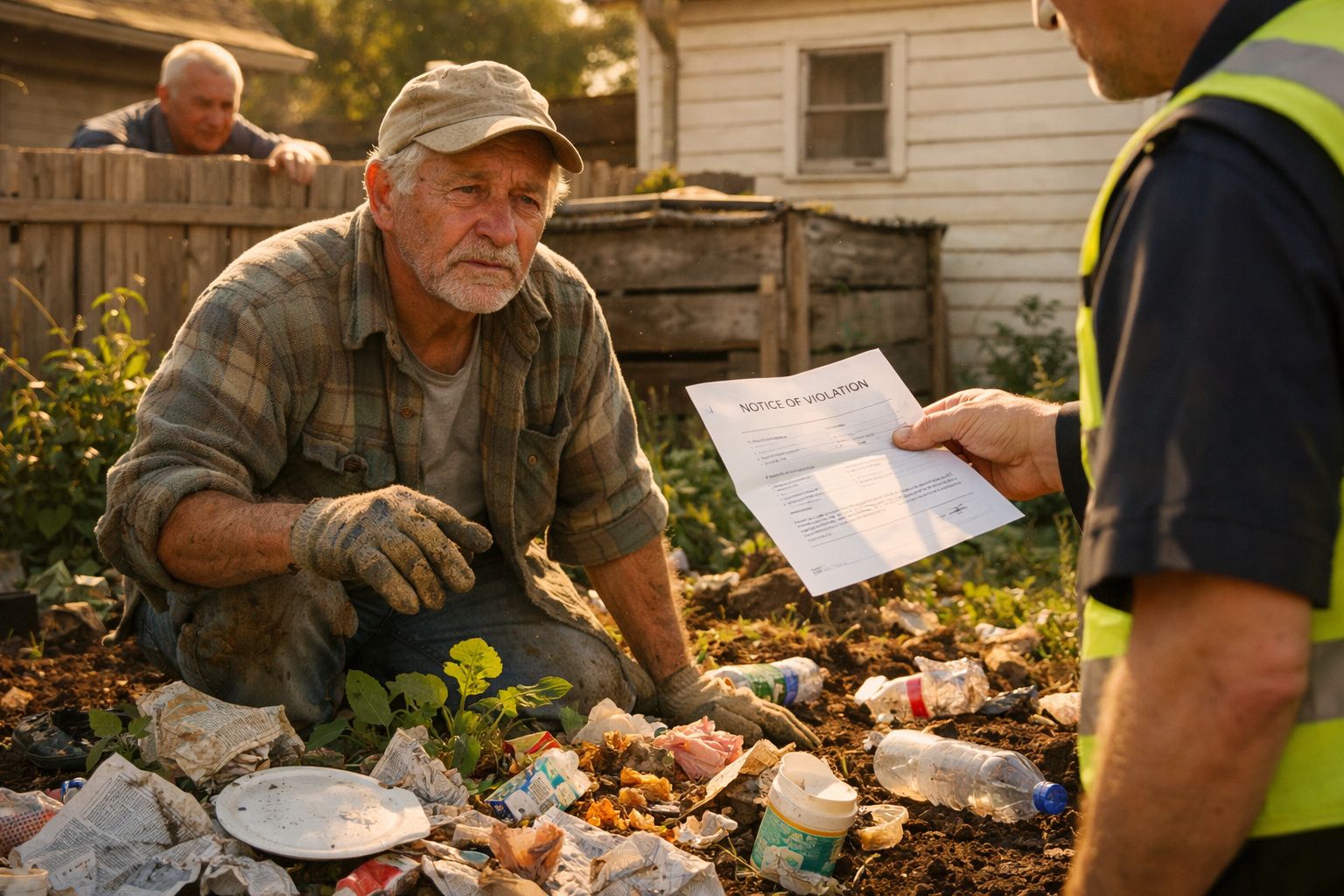 Homem idoso em roupa de trabalho no jardim rodeado de lixo, recebe aviso de infração de pessoa de colete.