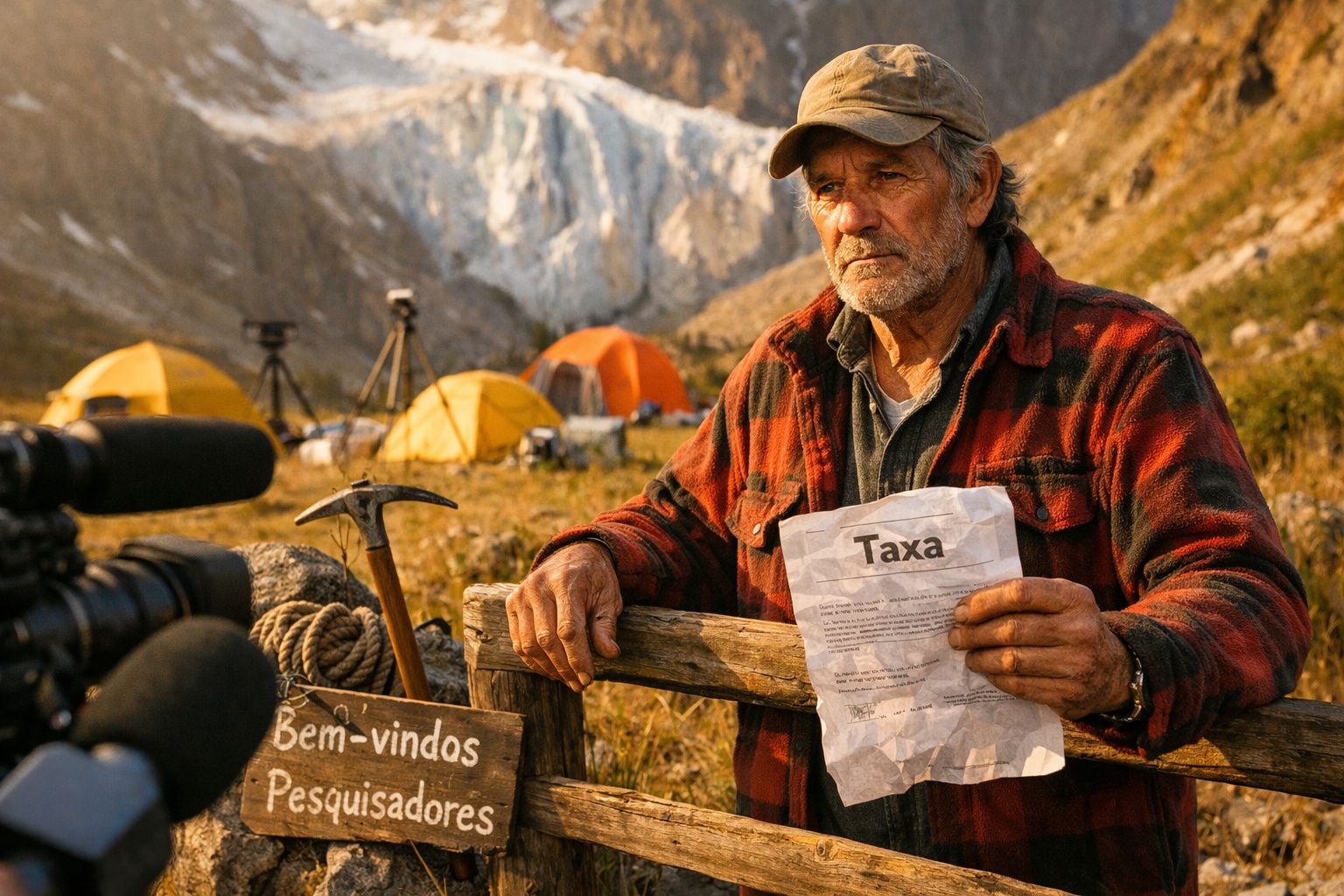 Homem idoso em traje de montanhismo segura papel com "Taxa" numa área de campismo com tendas e equipamento.