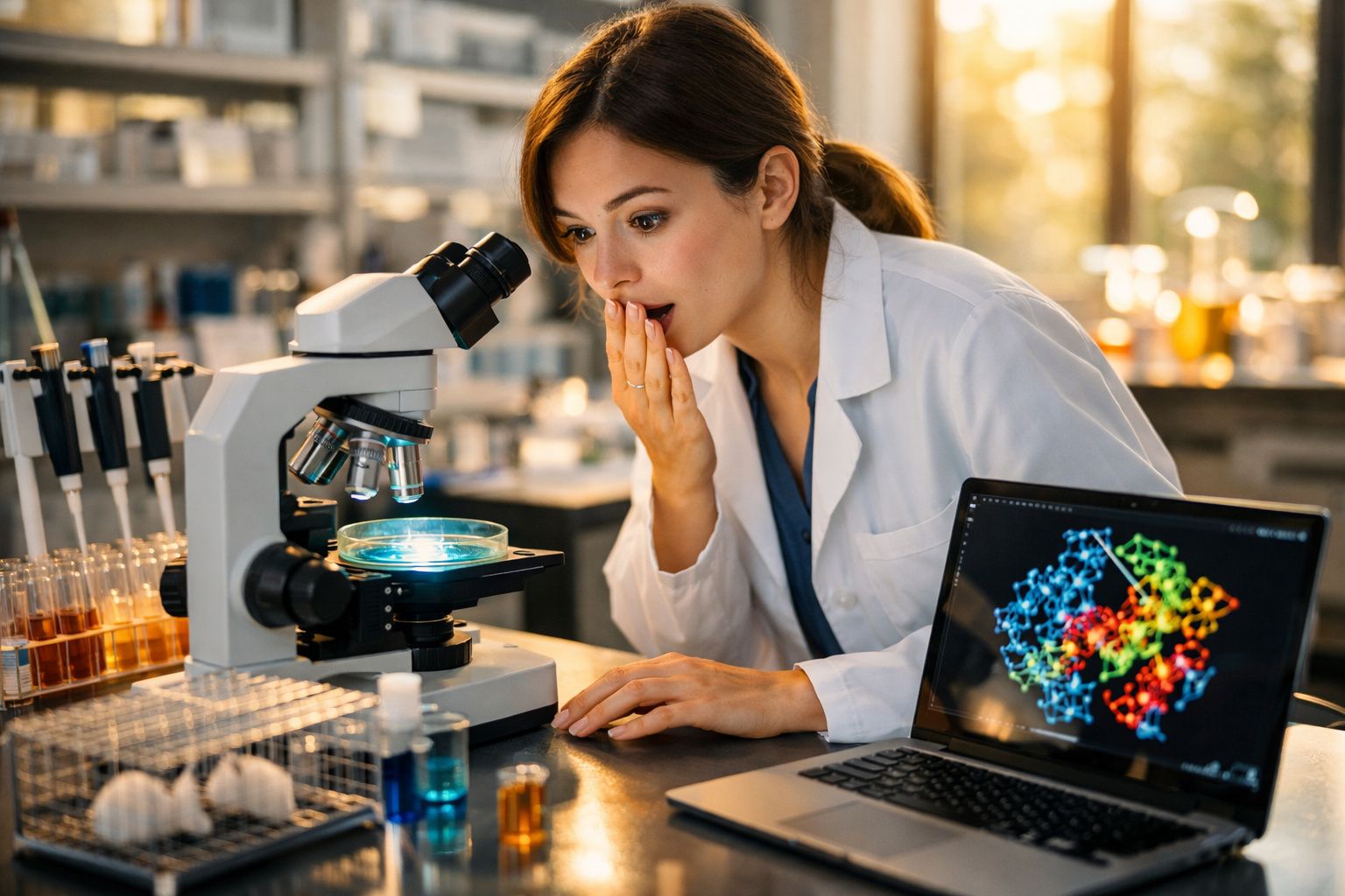 Mulher cientista em bata branca observa surpresa uma lâmina ao microscópio num laboratório moderno.