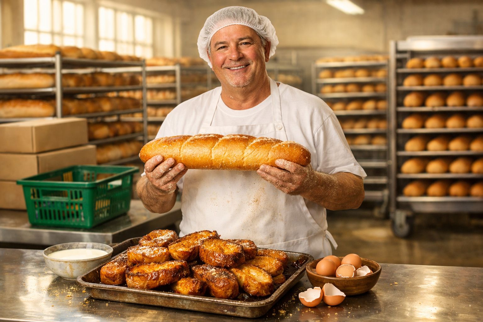 Padeiro sorridente com touca a segurar baguete numa padaria rodeado de pães e doces frescos.