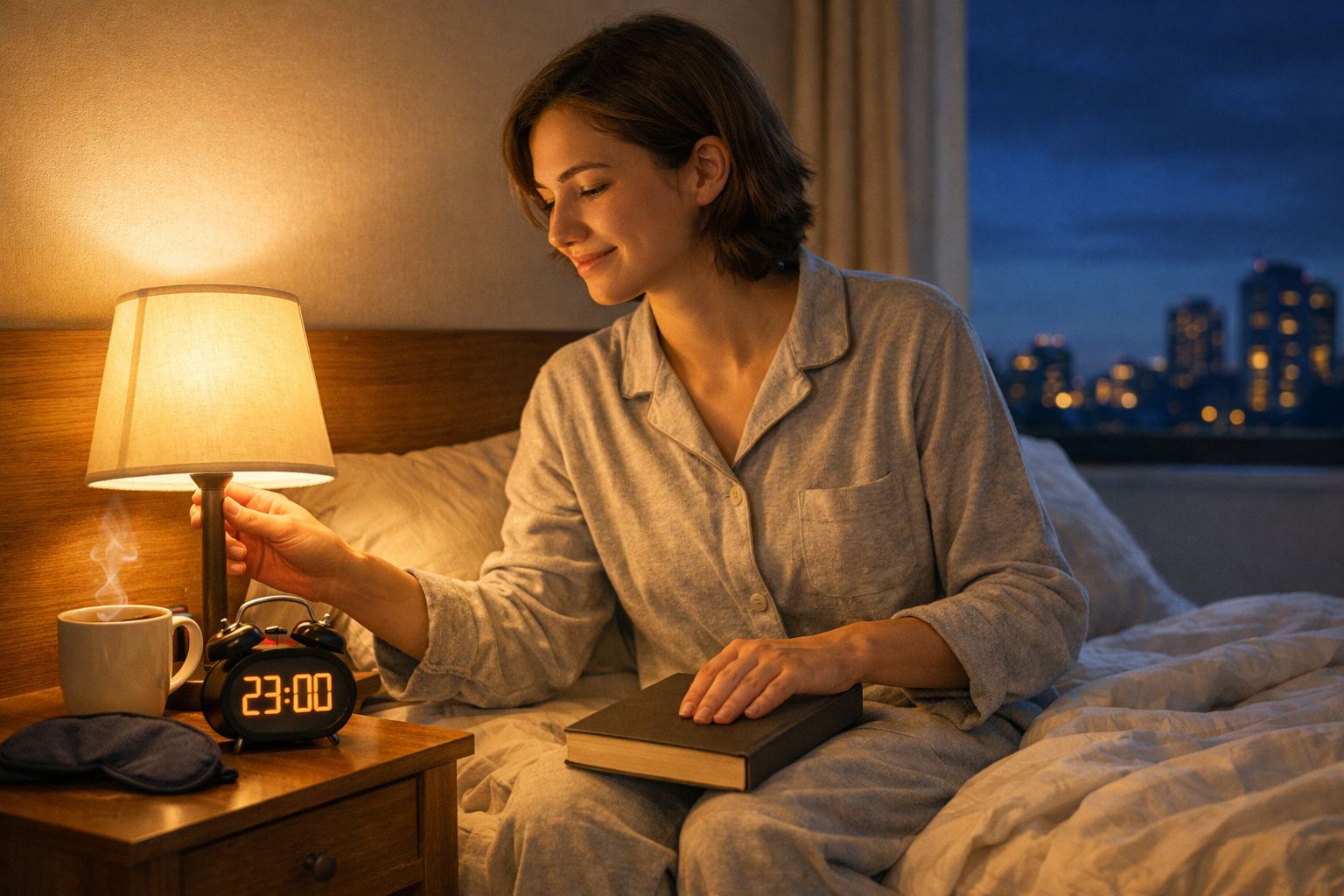 Mulher em pijama apaga a luz junto à cama com livro, chá quente e despertador marcado às 23:00.