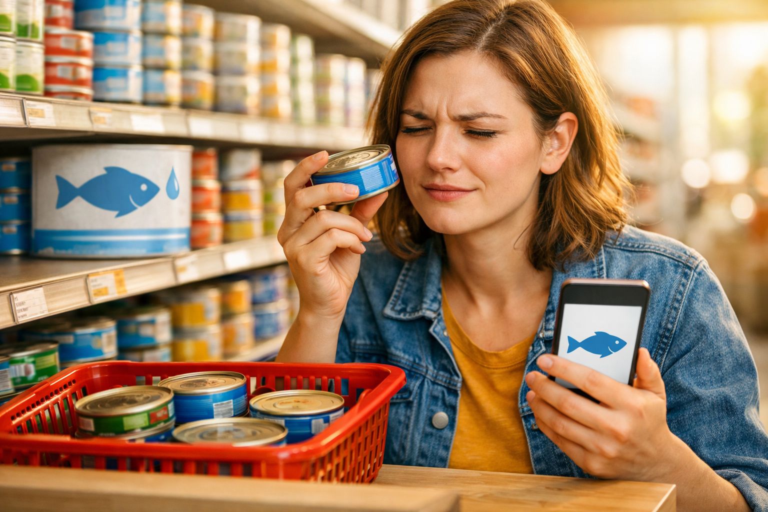 Mulher com expressão confusa a comparar lata de atum com imagem no telemóvel numa mercearia.