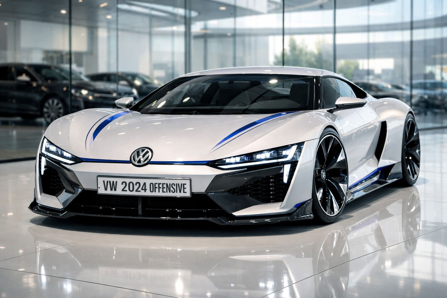 Carro desportivo branco VW 2024 Offensive com detalhes azuis estacionado em sala de exposições moderna.
