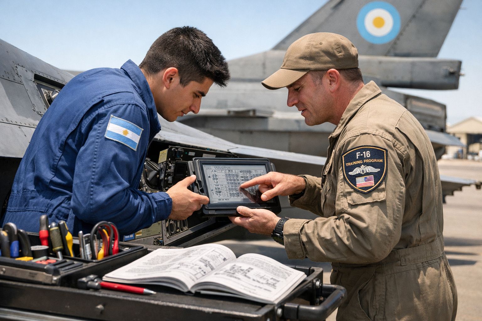 Dois técnicos militares, um com uniforme da Argentina e outro dos EUA, consultam dados num tablet junto a um avião F-16.