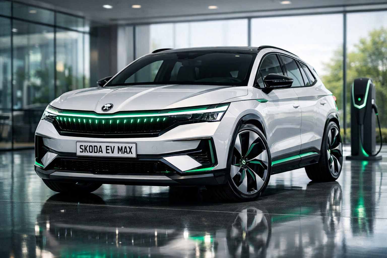 Carro elétrico Škoda EV Max branco estacionado junto a posto de carregamento num espaço moderno.
