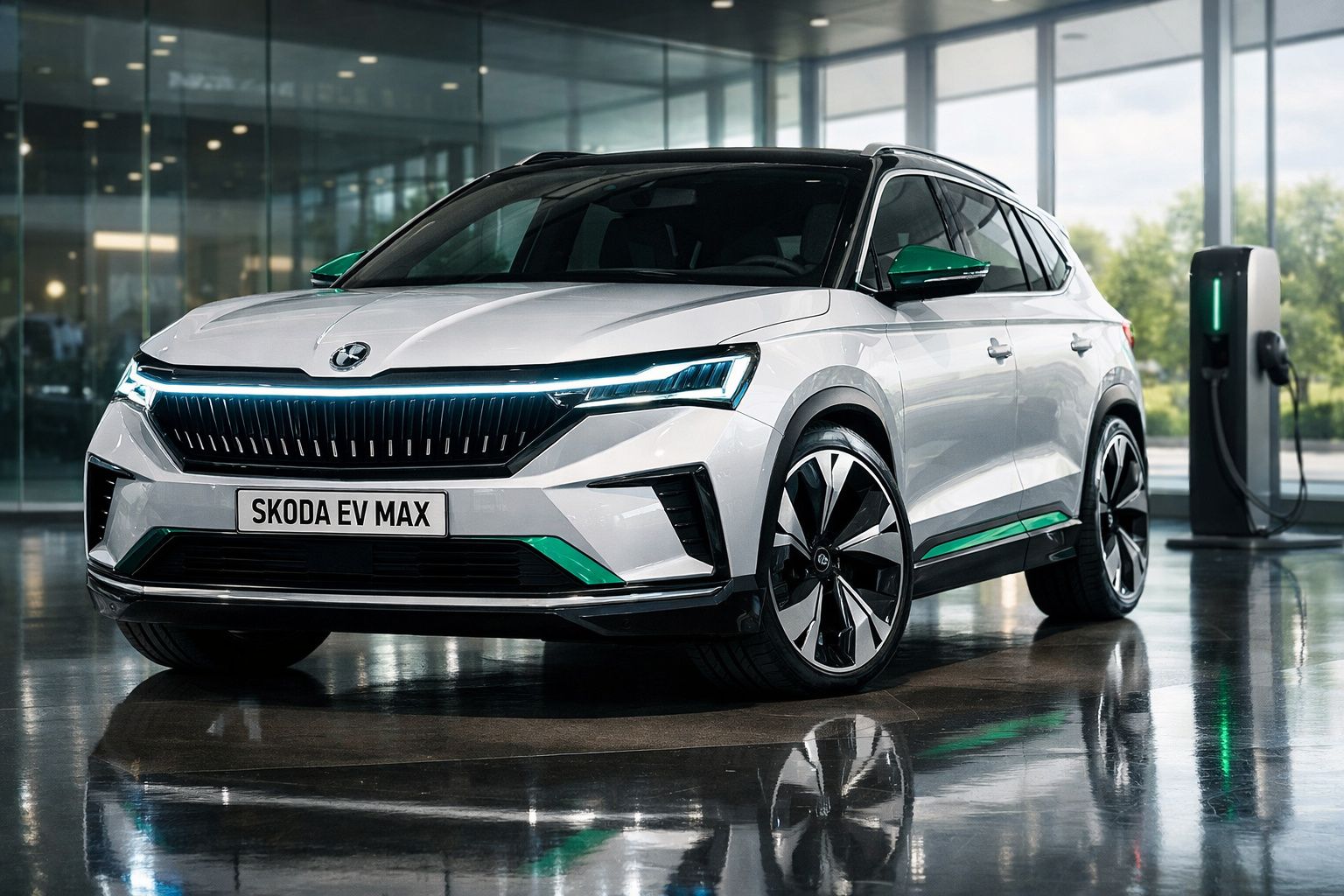 Carro elétrico Skoda EV Max branco estacionado em interior moderno junto a posto de carregamento.