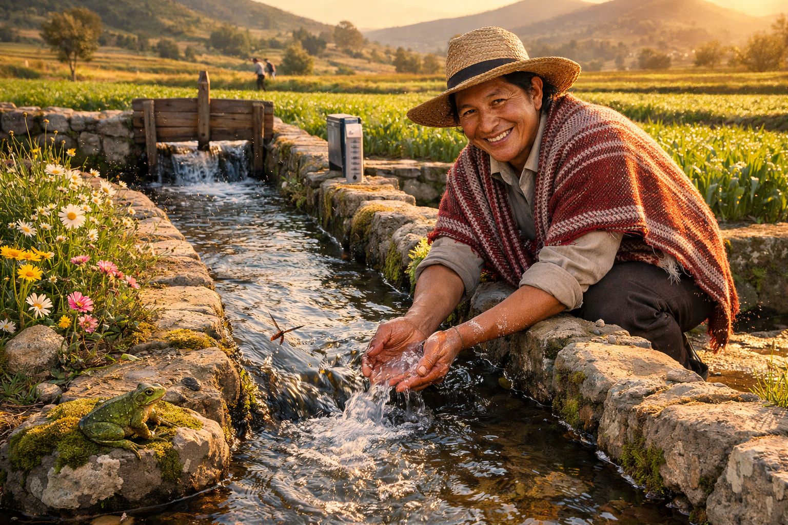 Mulher sorridente em campo rural, com chapéu e poncho, recolhe água num canal de pedra com sapo ao lado.