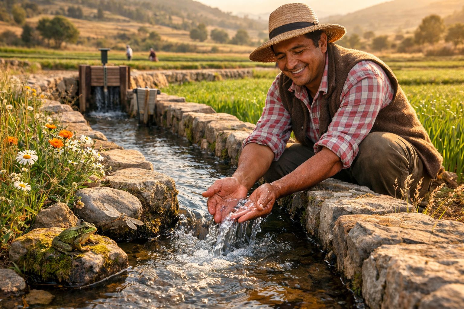 Agricultor sorri enquanto recolhe água num canal de irrigação junto a flores e um sapo.