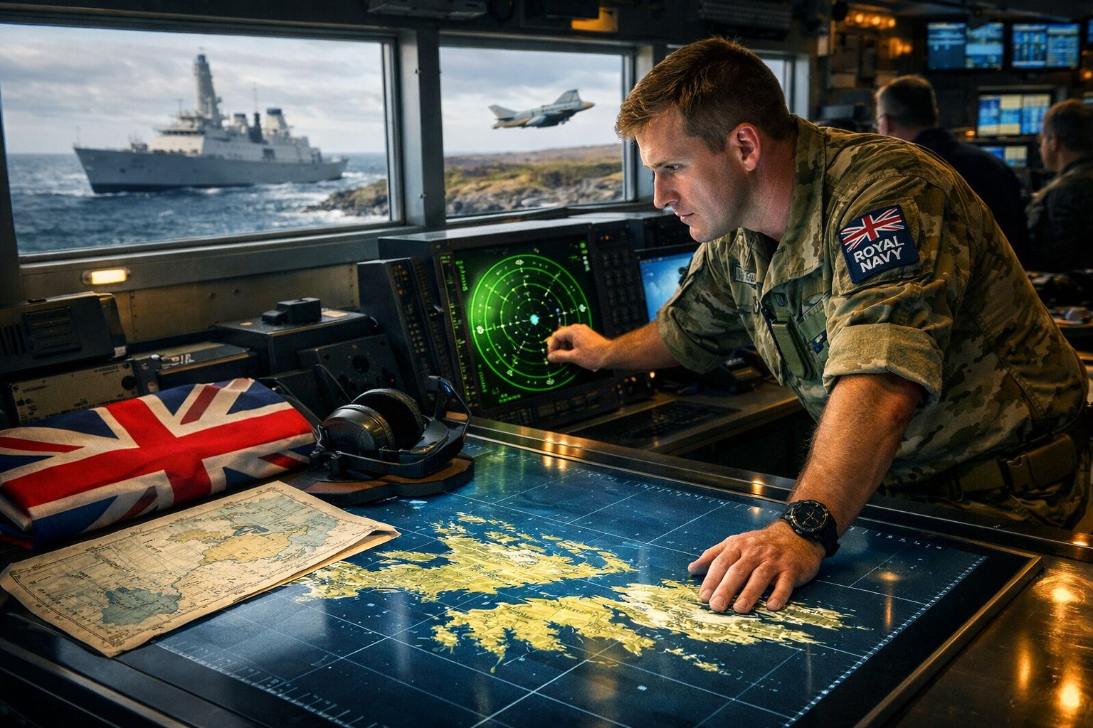 Militar da Marinha Real britânica a operar radar num navio com avião a voar e outro navio no mar ao fundo.