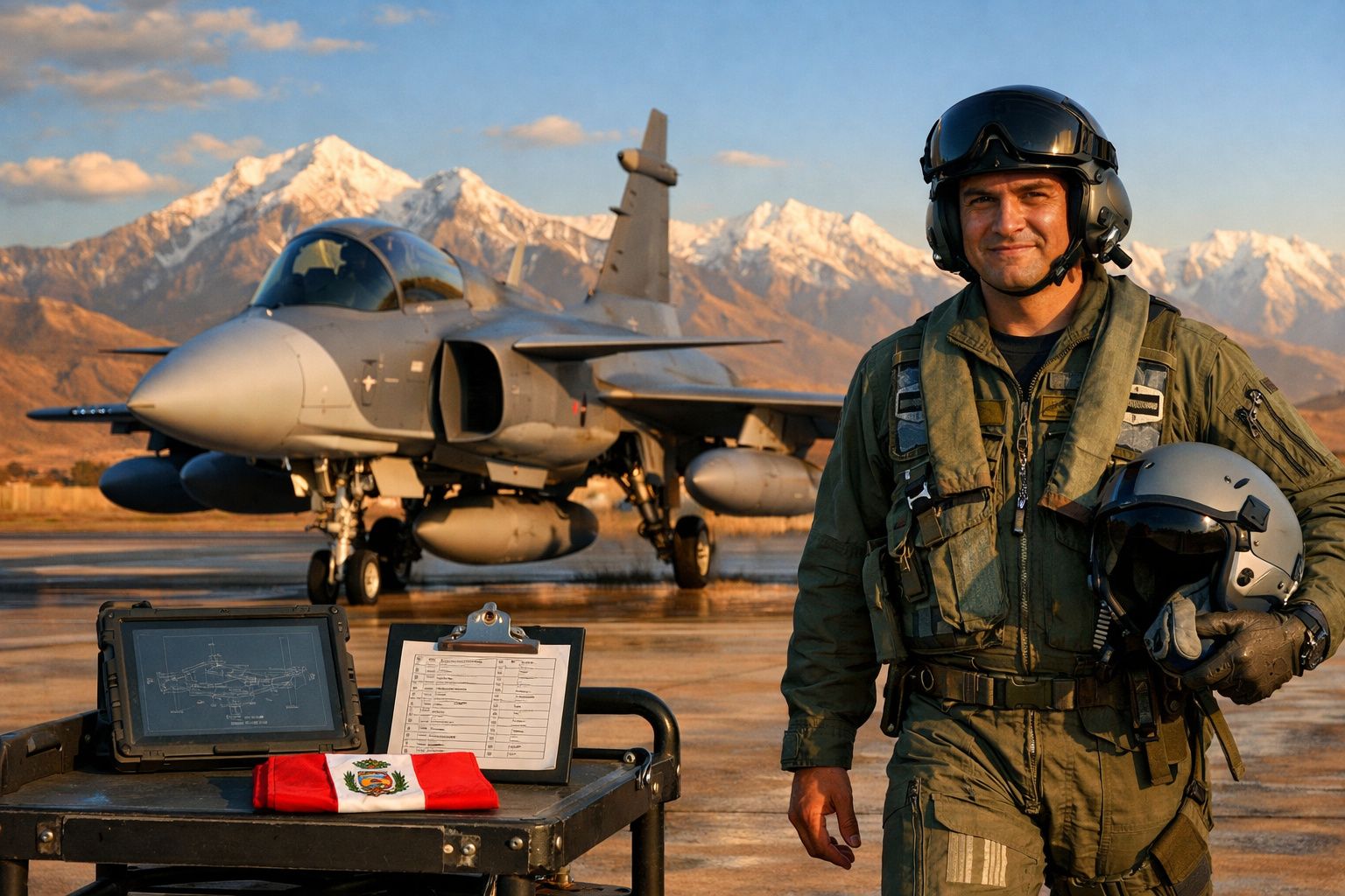 Piloto militar com fato de voo e capacete na mão junto a um caça estacionado, com montanhas ao fundo.