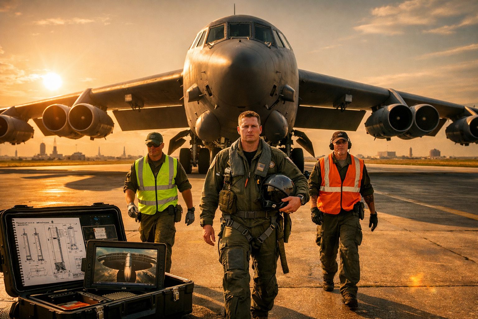Três militares com coletes refletores caminham à frente de um avião militar numa pista ao amanhecer.