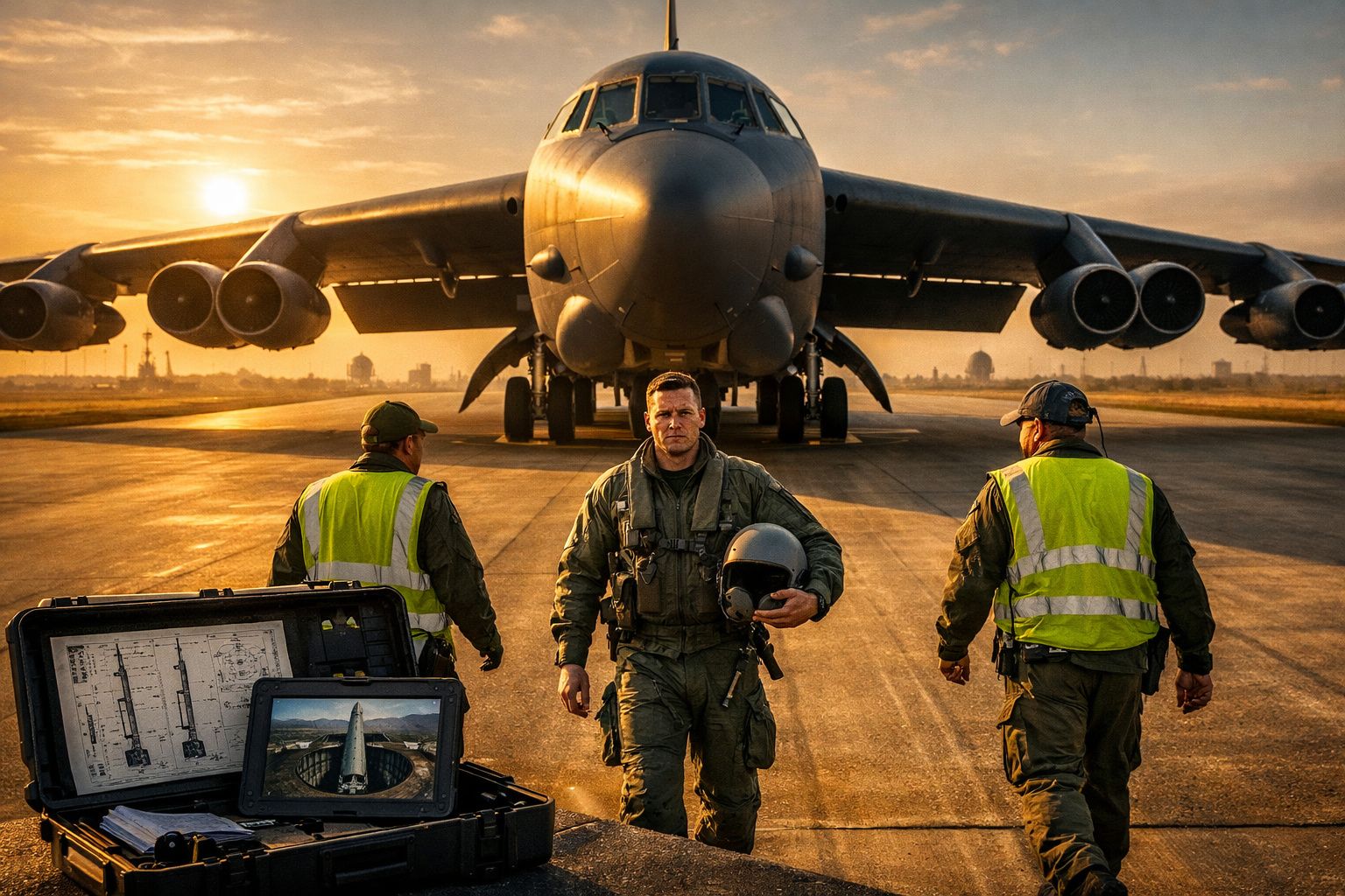 Piloto militar com capacete na mão caminha ao pôr do sol perto de avião grande com dois técnicos em colete refletor.