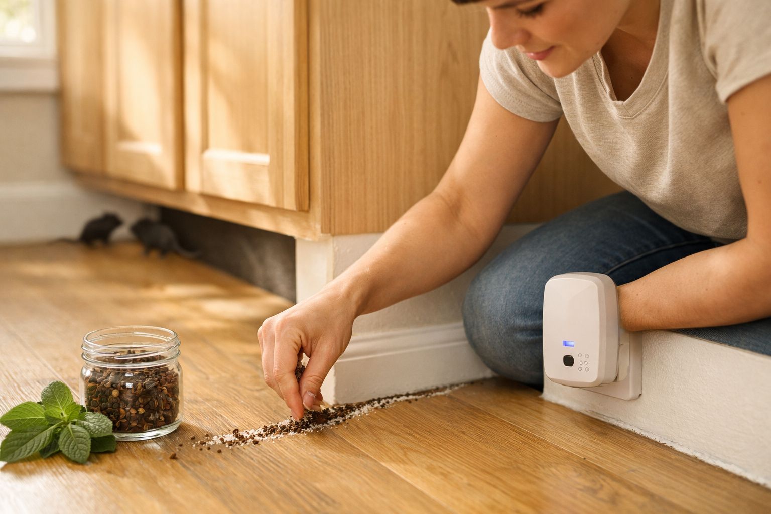 Pessoa a aplicar repelente eletrónico contra ratos perto de armário de cozinha e rato no chão.