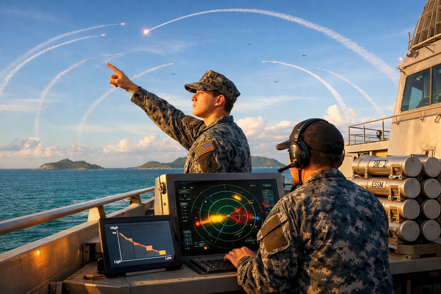 Dois militares na ponte de um navio naval, um aponta para o céu, onde se veem vários aviões em formação.