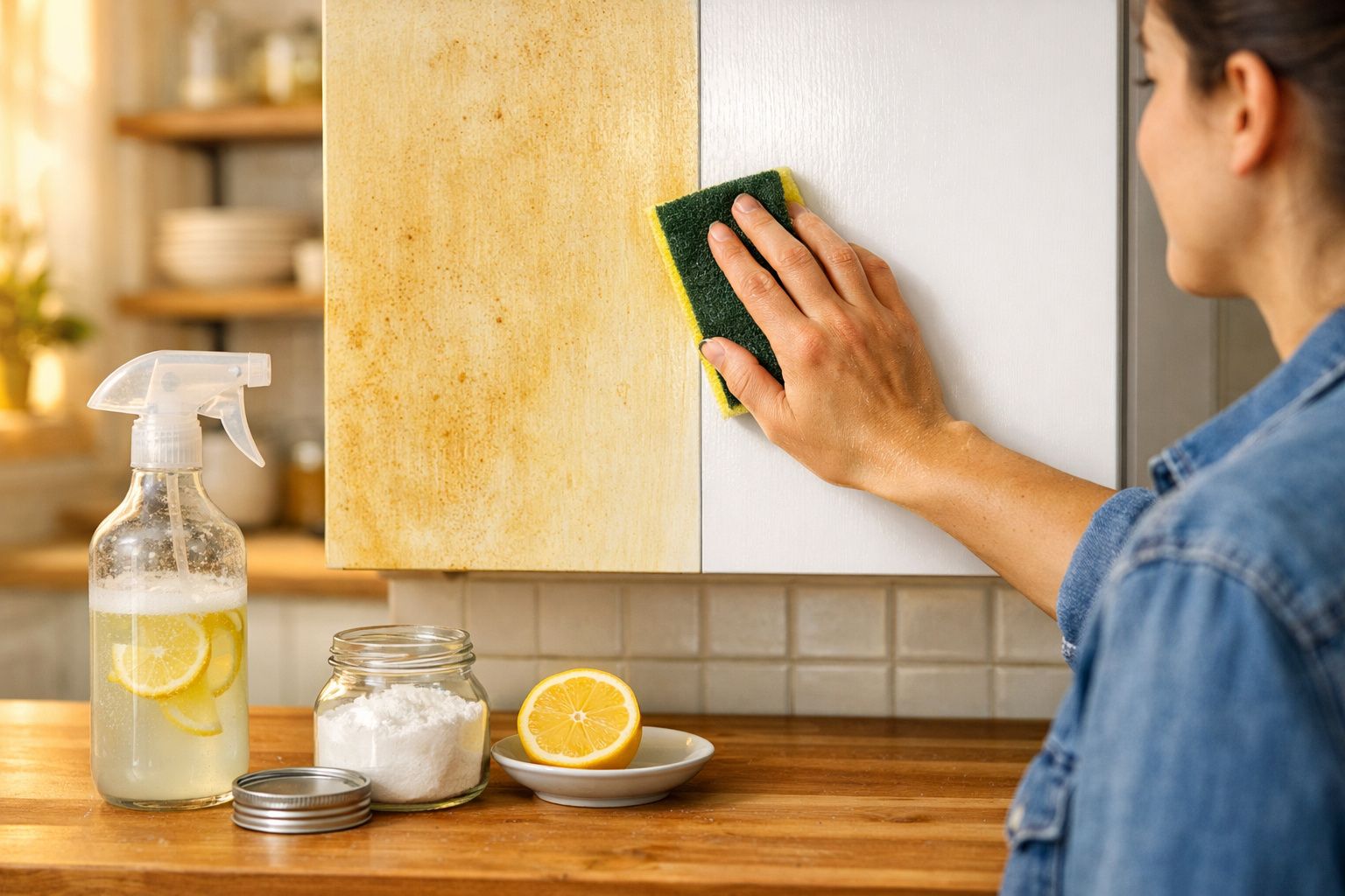 Pessoa a limpar superfície suja de mobília de cozinha com esfregona, próximo a limão e produto caseiro.