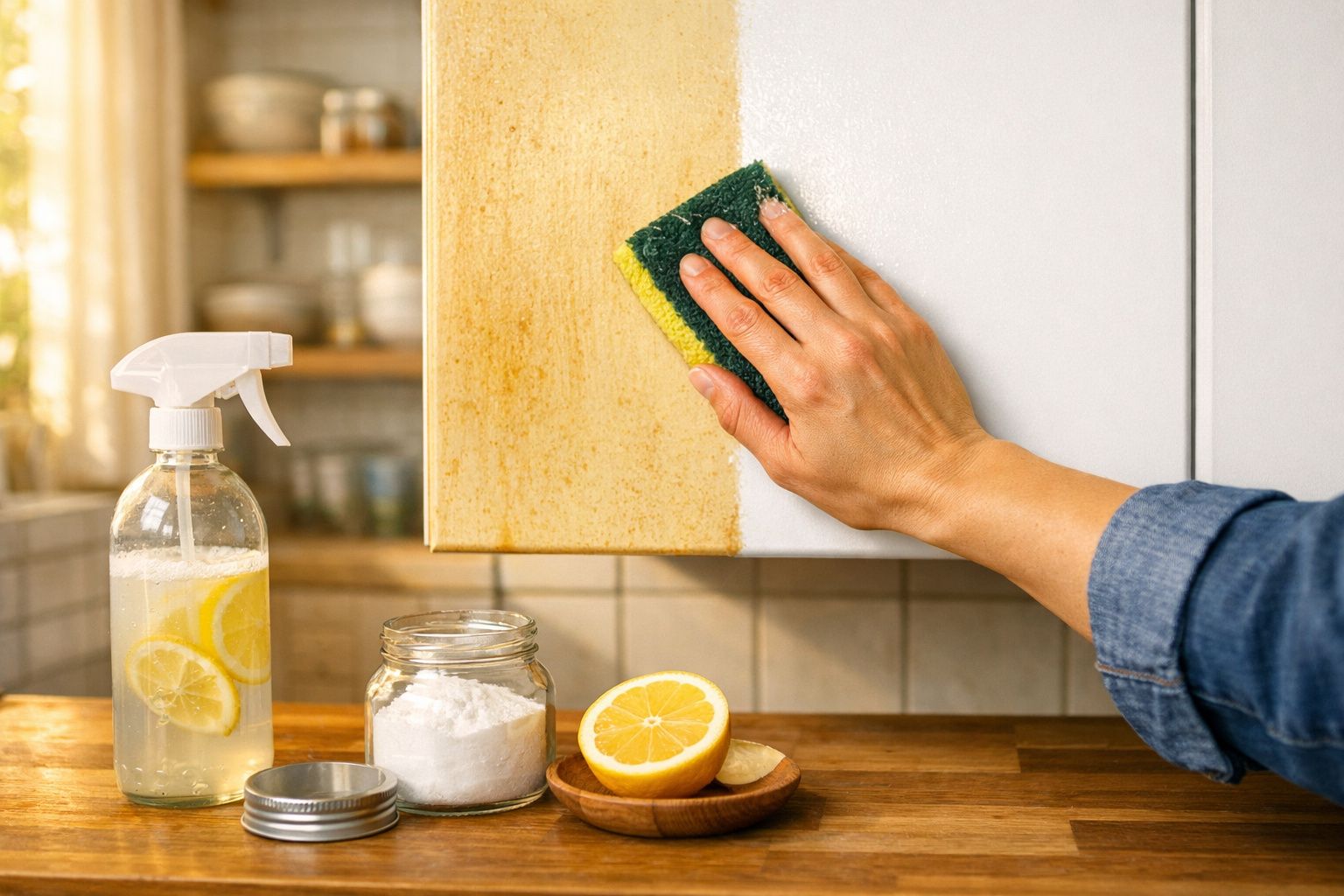 Mão a limpar sujidade amarela de armário branco com esponja, perto de limão, bicarbonato e spray caseiro.
