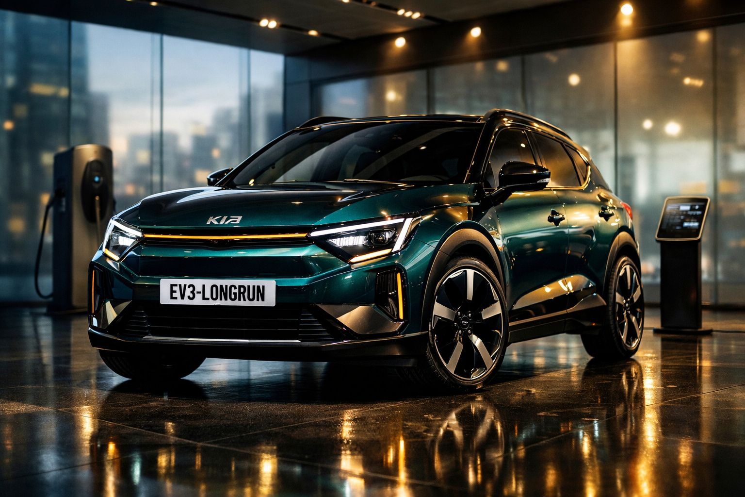 Carro elétrico Kia EV3-Longrun verde num showroom com carregador elétrico ao fundo.