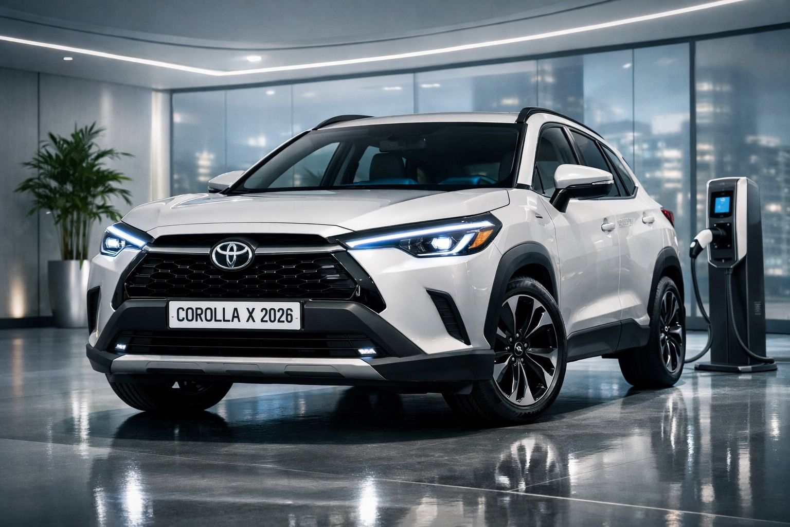 Carro Toyota Corolla X 2026 branco a ser carregado numa estação de carregamento elétrica num espaço interior moderno.