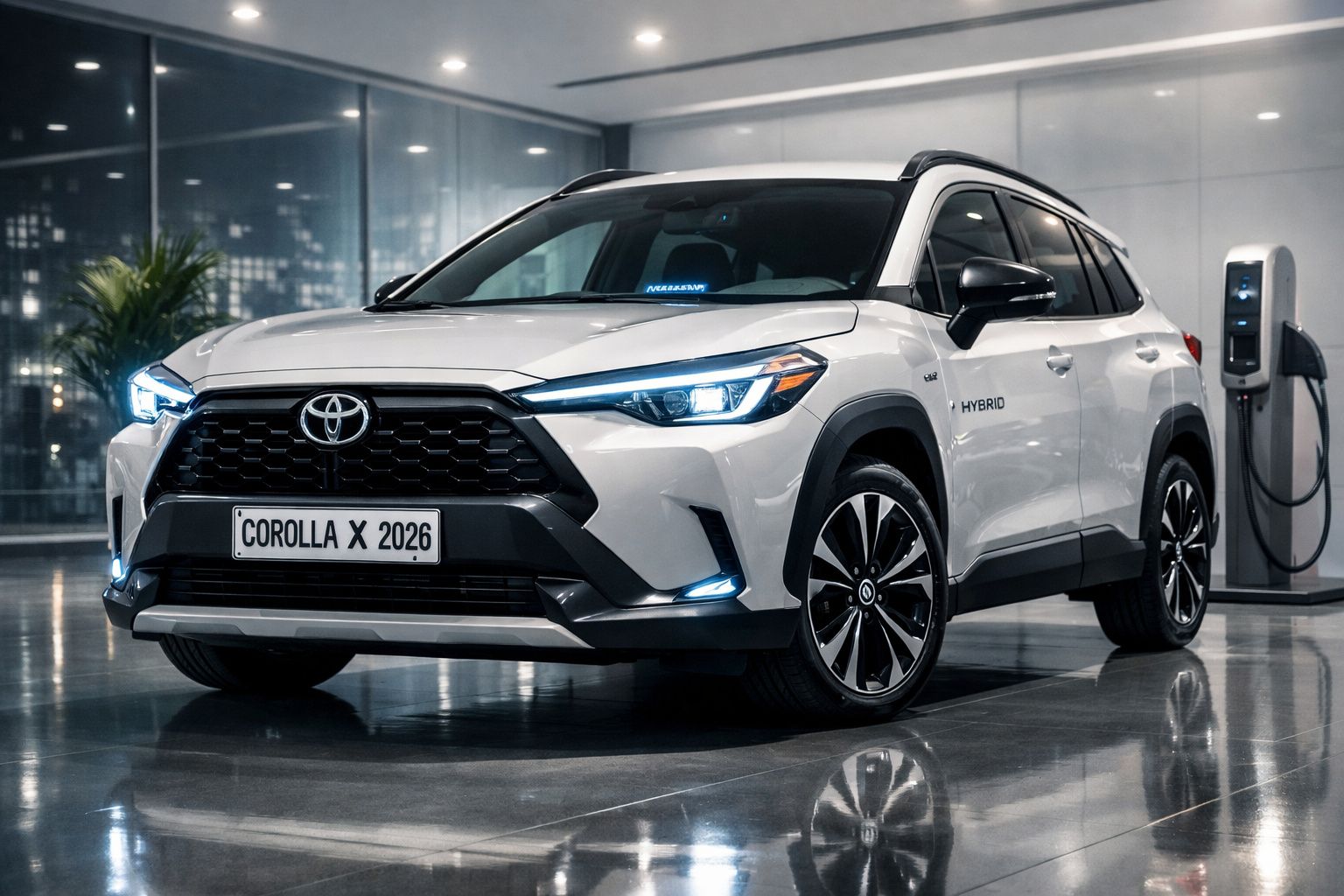 Toyota Corolla X 2026 branco estacionado em interior moderno, com faróis ligados e foco na frente e lateral direita.