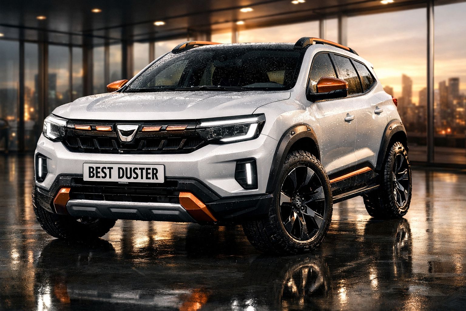 SUV Dacia Duster branco com detalhes laranja, estacionado em piso molhado com luz dourada ao fundo.