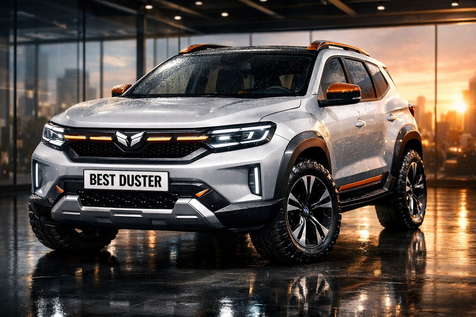 SUV cinzento com detalhes laranja, rodas robustas, estacionado em ambiente urbano com reflexos no chão molhado.