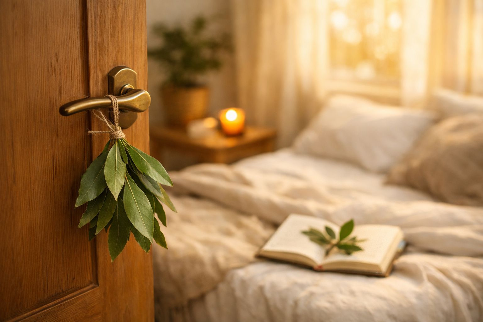 Raminho de folhas pendurado na maçaneta de porta de madeira com cama desfocada e vela acesa ao fundo.
