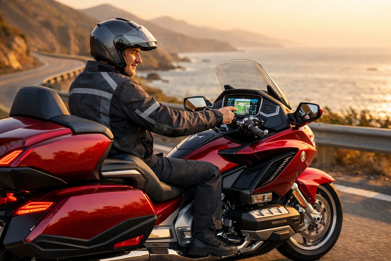 Homem de capacete numa mota vermelha a usar o ecrã tátil de um sistema de navegação junto ao mar ao pôr do sol.