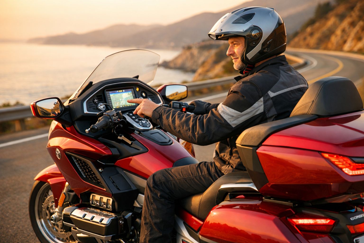 Homem com capacete a consultar GPS na mota vermelha junto a estrada costeira ao pôr do sol.