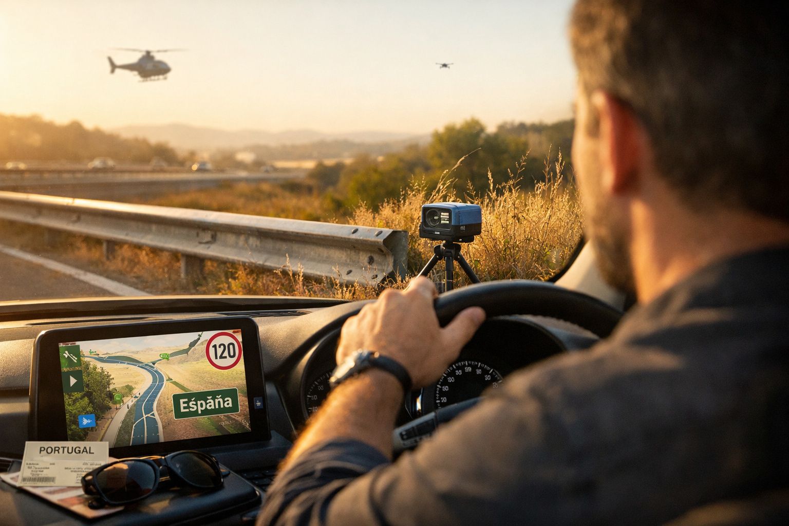 Homem a conduzir carro com radar instalado na estrada e sinais de trânsito perto da fronteira entre Portugal e Espanha.