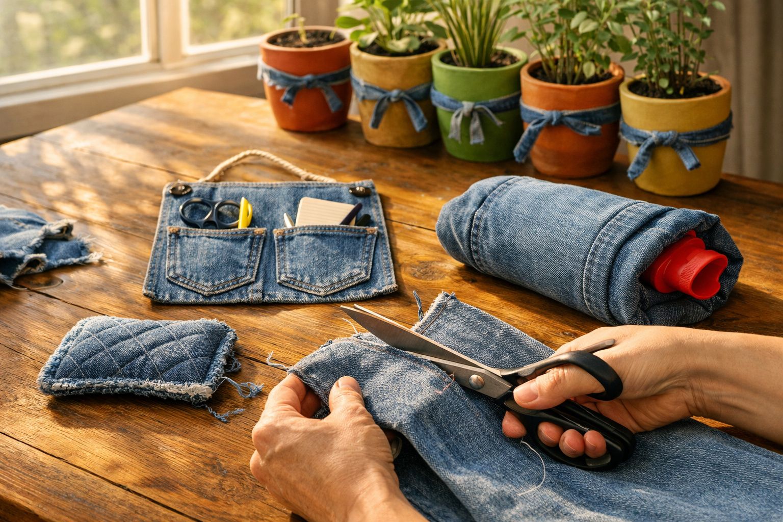 Pessoa a cortar tecido de ganga com tesoura, perto de acessórios feitos de ganga numa mesa de madeira.