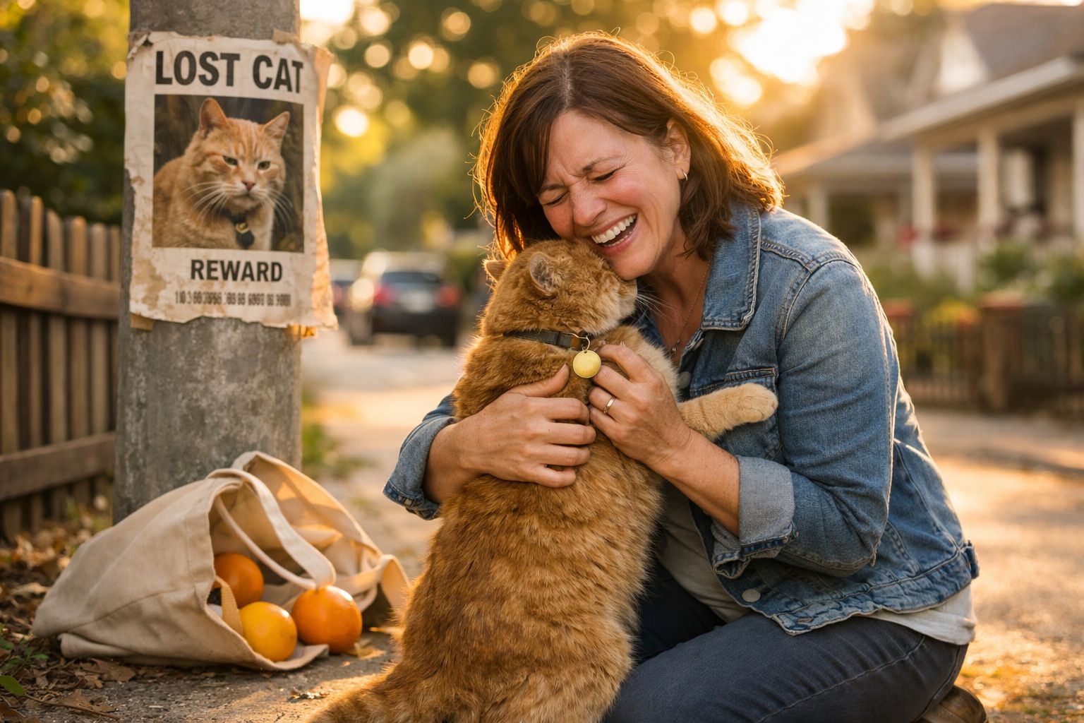 Mulher abraça feliz gato ruivo reencontrado ao lado de cartaz de gato perdido numa rua ensolarada.